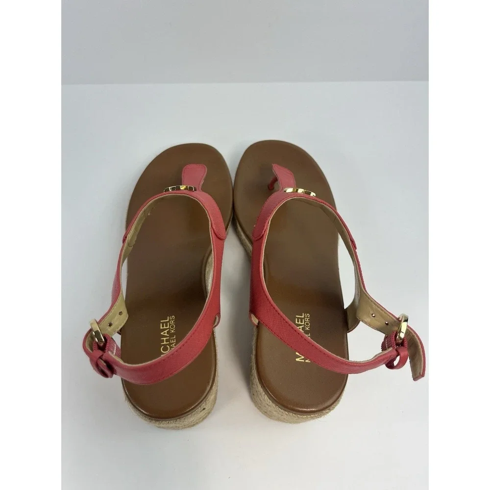 Michael Kors Platform Espadrille Wedge Leather Sandals Pink Size 8 Laney Thong